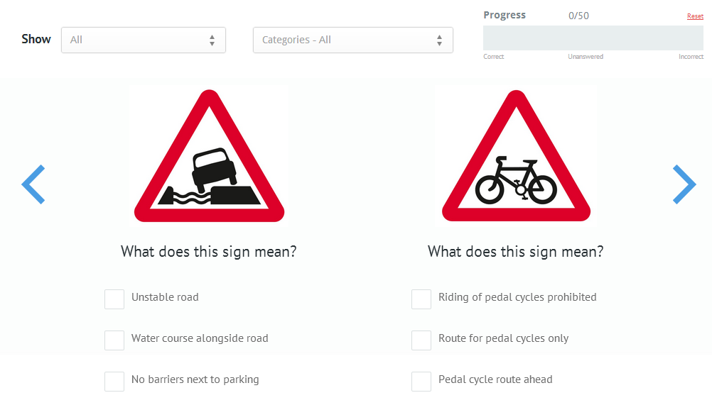 Road signs test online